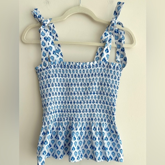 J. Crew Smocked Tie-Shoulder Tank Top, Blue and White, Size XS - Picture 3 of 16